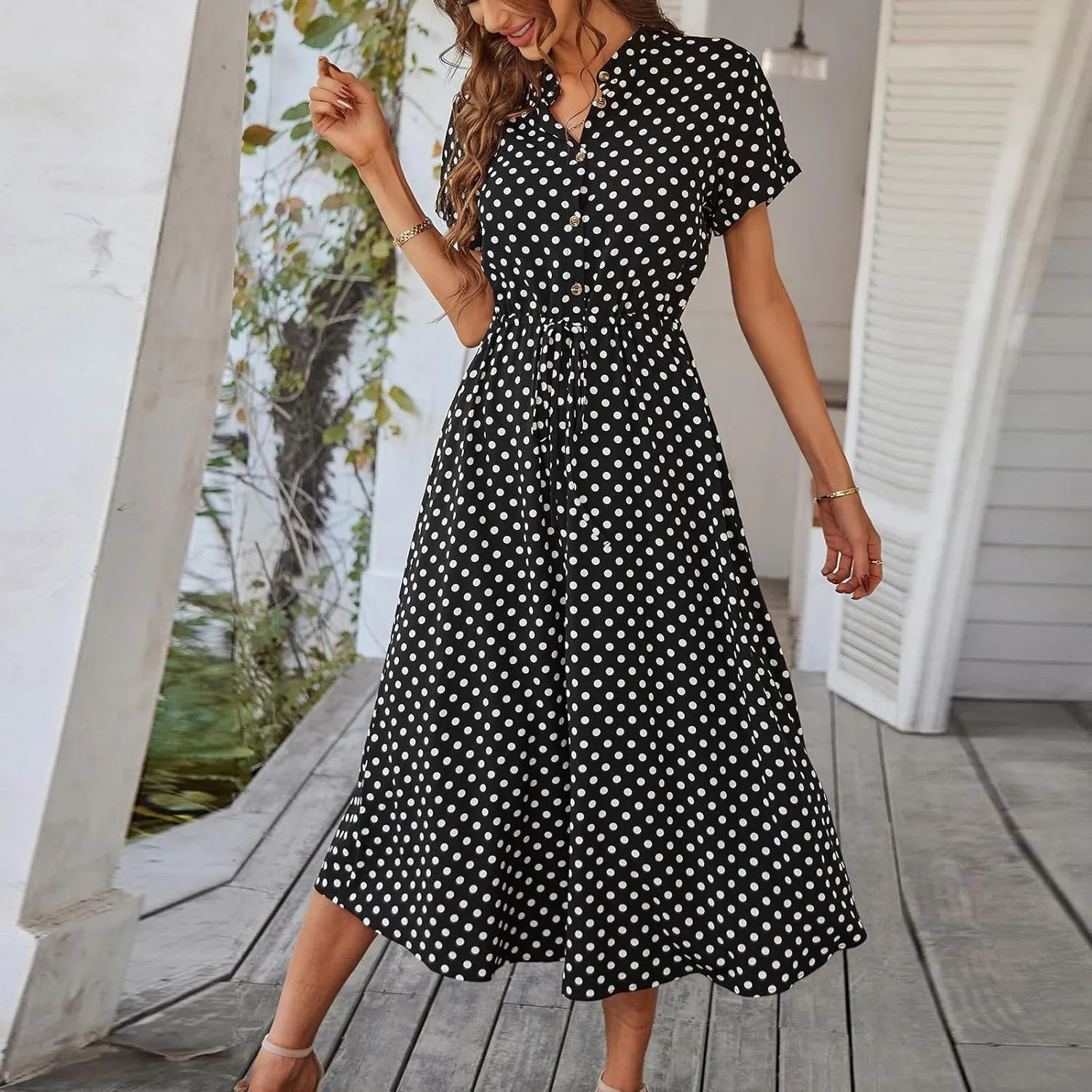 Boho Dresses for Women 2025 Summer Polka Dot Short Sleeve V Neck Button Down Midi Dresses Formal Long Dress