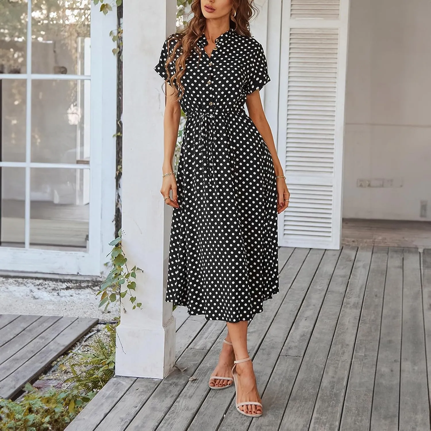 Boho Dresses for Women 2025 Summer Polka Dot Short Sleeve V Neck Button Down Midi Dresses Formal Long Dress