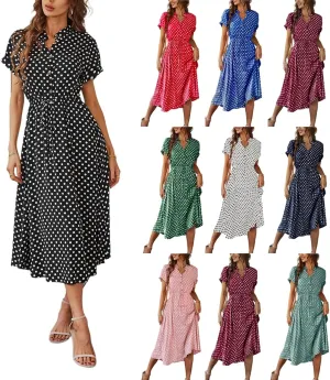 Boho Dresses for Women 2025 Summer Polka Dot Short Sleeve V Neck Button Down Midi Dresses Formal Long Dress