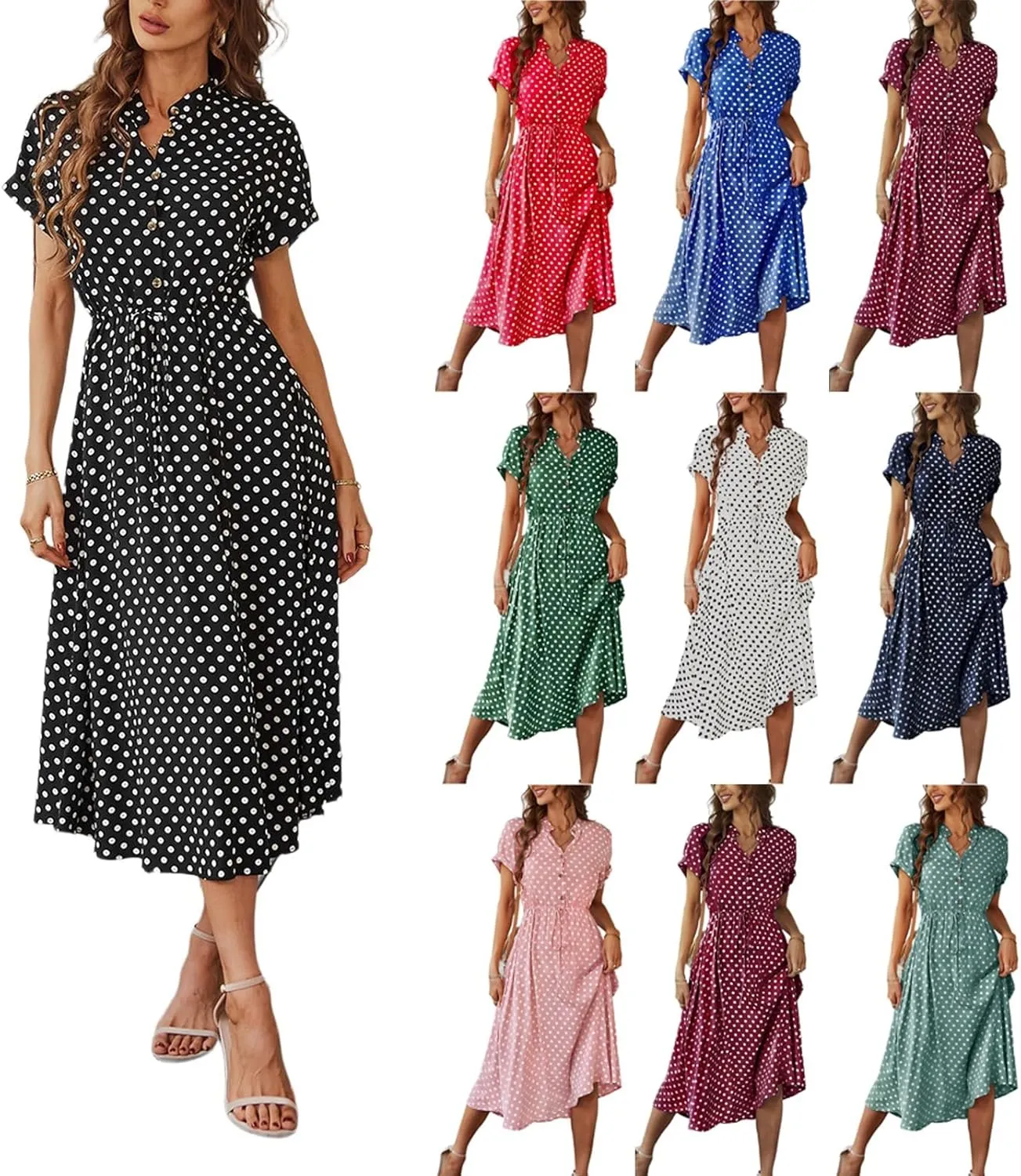 Boho Dresses for Women 2025 Summer Polka Dot Short Sleeve V Neck Button Down Midi Dresses Formal Long Dress