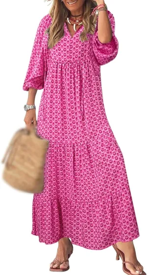 Boho Maxi Dresses for Women Casual Floarl V Neck Puff Short Sleeve Dress Summer Loose Color Block Beach Sundress