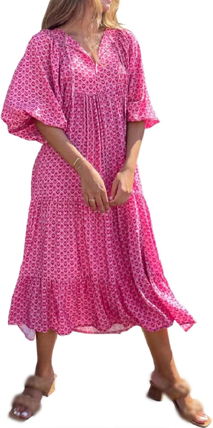 Boho Maxi Dresses for Women Casual Floarl V Neck Puff Short Sleeve Dress Summer Loose Color Block Beach Sundress