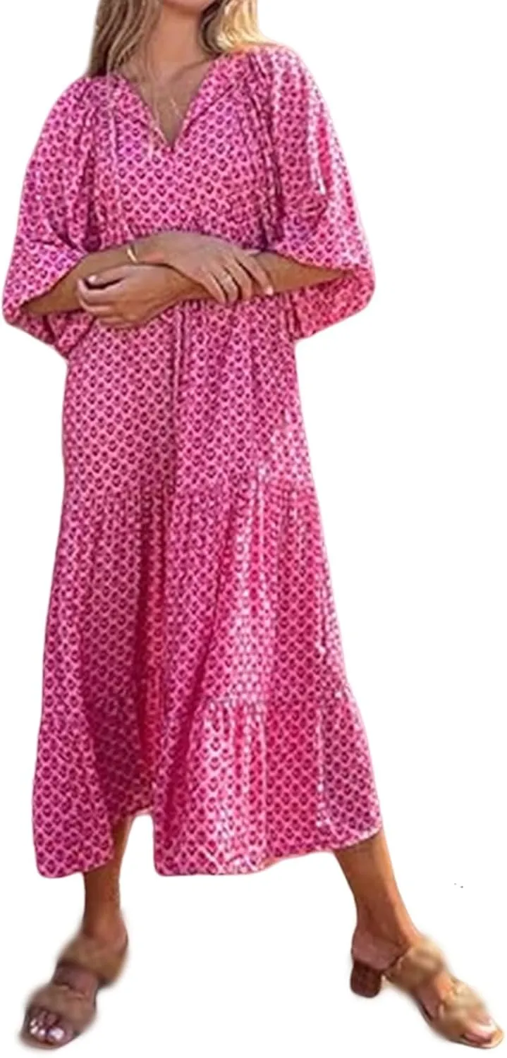 Boho Maxi Dresses for Women Casual Floarl V Neck Puff Short Sleeve Dress Summer Loose Color Block Beach Sundress