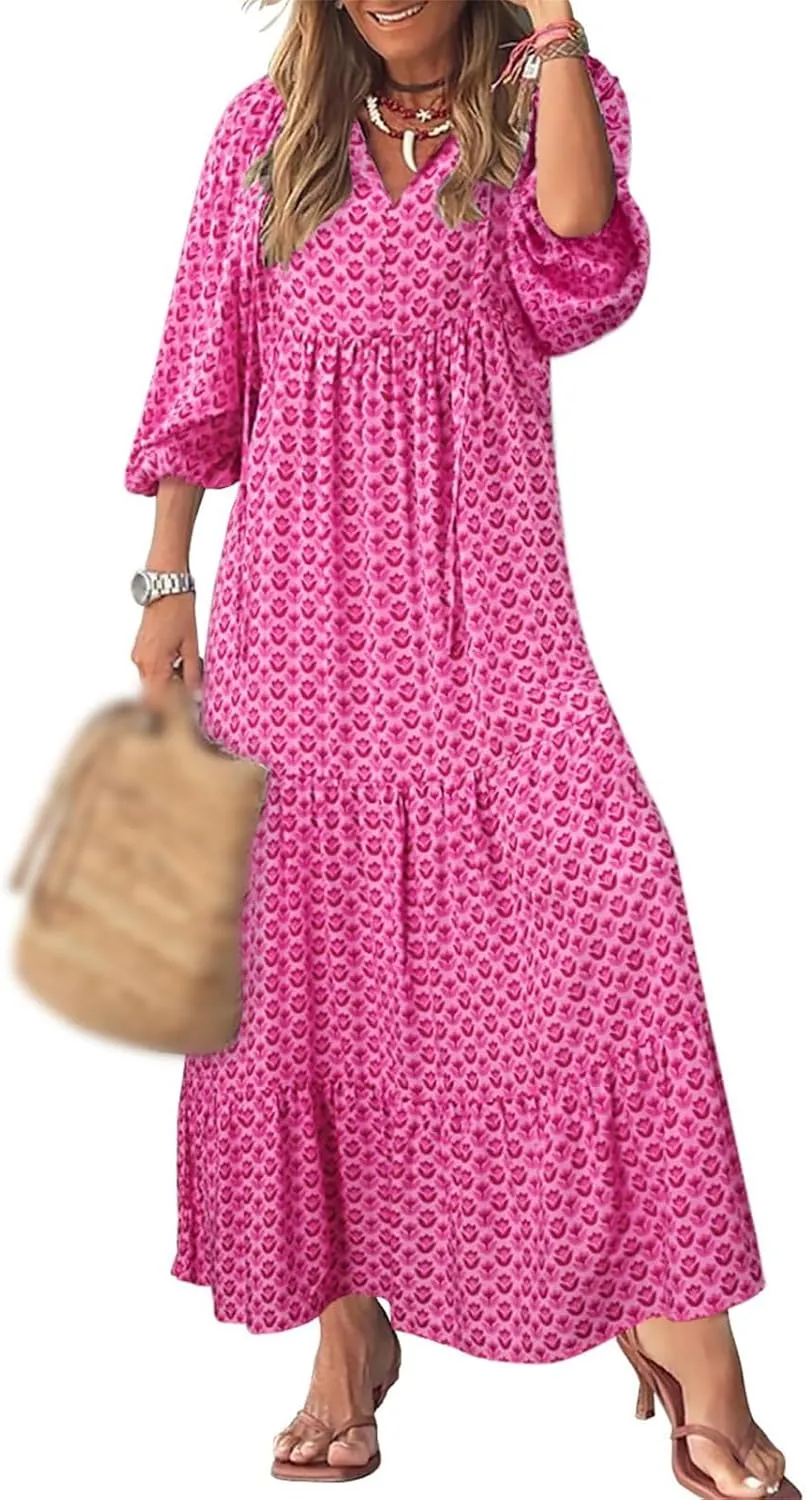 Boho Maxi Dresses for Women Casual Floarl V Neck Puff Short Sleeve Dress Summer Loose Color Block Beach Sundress