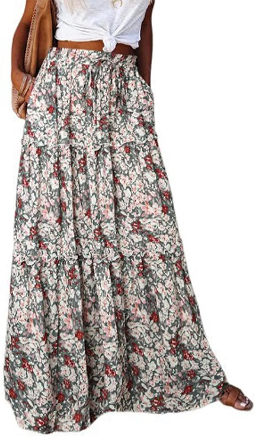 Boho Skirt for Women Elastic High Waist Pleated A-Line Flowy Swing Tiered Maxi Long Skirt Dress with Pockets