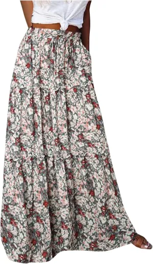 Boho Skirt for Women Elastic High Waist Pleated A-Line Flowy Swing Tiered Maxi Long Skirt Dress with Pockets