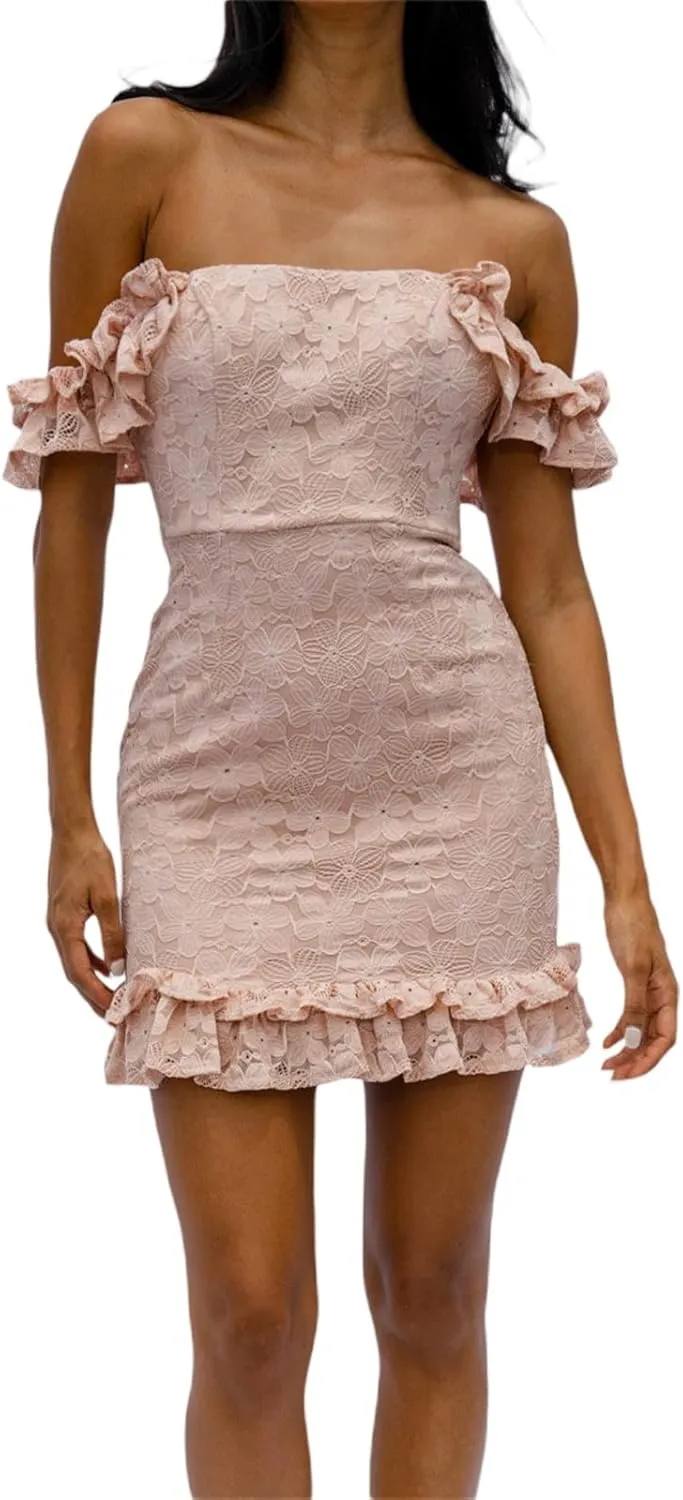 Bowanadacles Women Floral Lace Mini Dress Off Shoulder Backless Bodycon Short Dress Ruffle Trim Sexy Slim Party Club Dress