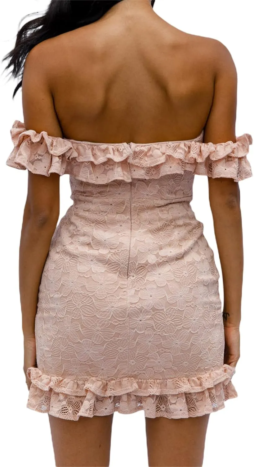 Bowanadacles Women Floral Lace Mini Dress Off Shoulder Backless Bodycon Short Dress Ruffle Trim Sexy Slim Party Club Dress