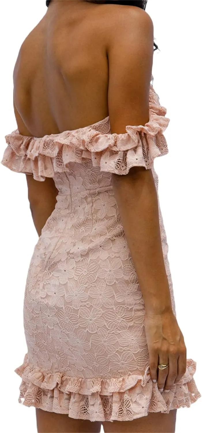Bowanadacles Women Floral Lace Mini Dress Off Shoulder Backless Bodycon Short Dress Ruffle Trim Sexy Slim Party Club Dress