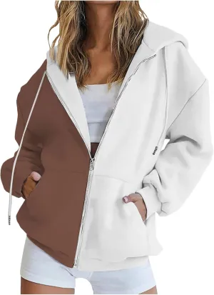 BTDECLAR 2023 Fashion Color Block Hoodie for Women Casual Long Sleeve Oversized Sweatshirts Pocket Zip Up Hoodies Jacket Tops