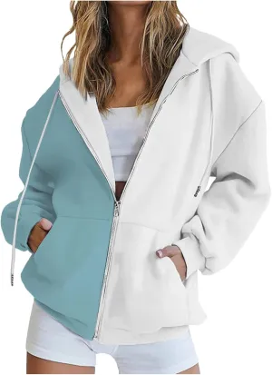 BTDECLAR 2023 Fashion Color Block Hoodie for Women Casual Long Sleeve Oversized Sweatshirts Pocket Zip Up Hoodies Jacket Tops