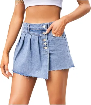 BTDECLAR Women's High Waisted Jean Shorts Distressed Frayed Raw Hem Straight Leg Denim Shorts Casual Summer Wrap Skirt Shorts