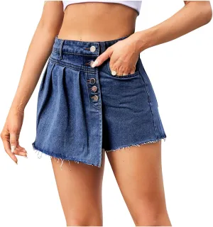 BTDECLAR Women's High Waisted Jean Shorts Distressed Frayed Raw Hem Straight Leg Denim Shorts Casual Summer Wrap Skirt Shorts