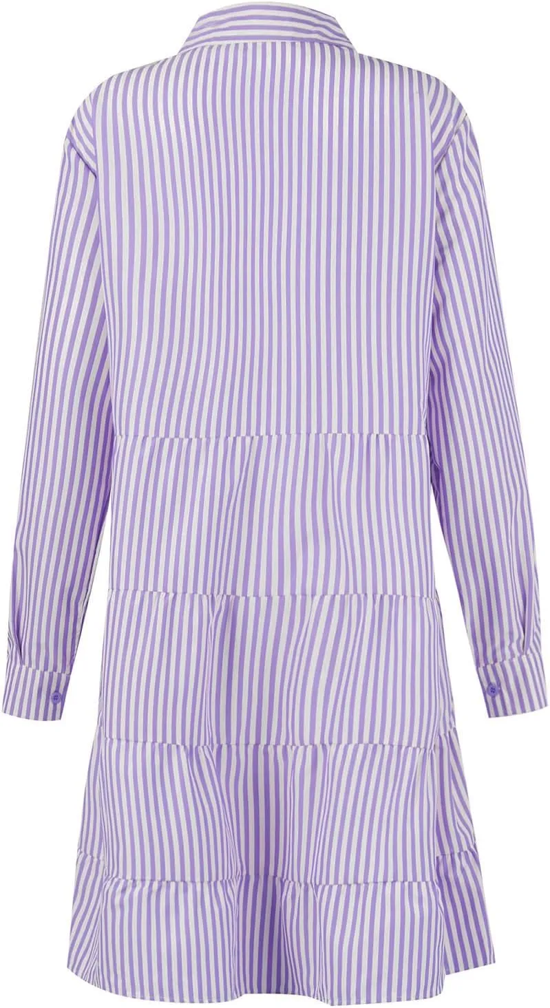 Button Down Dress for Women Summer Casual Striped Long Sleeve V Neck Lapel Dresses Loose Ruched Party Midi Dress 2025