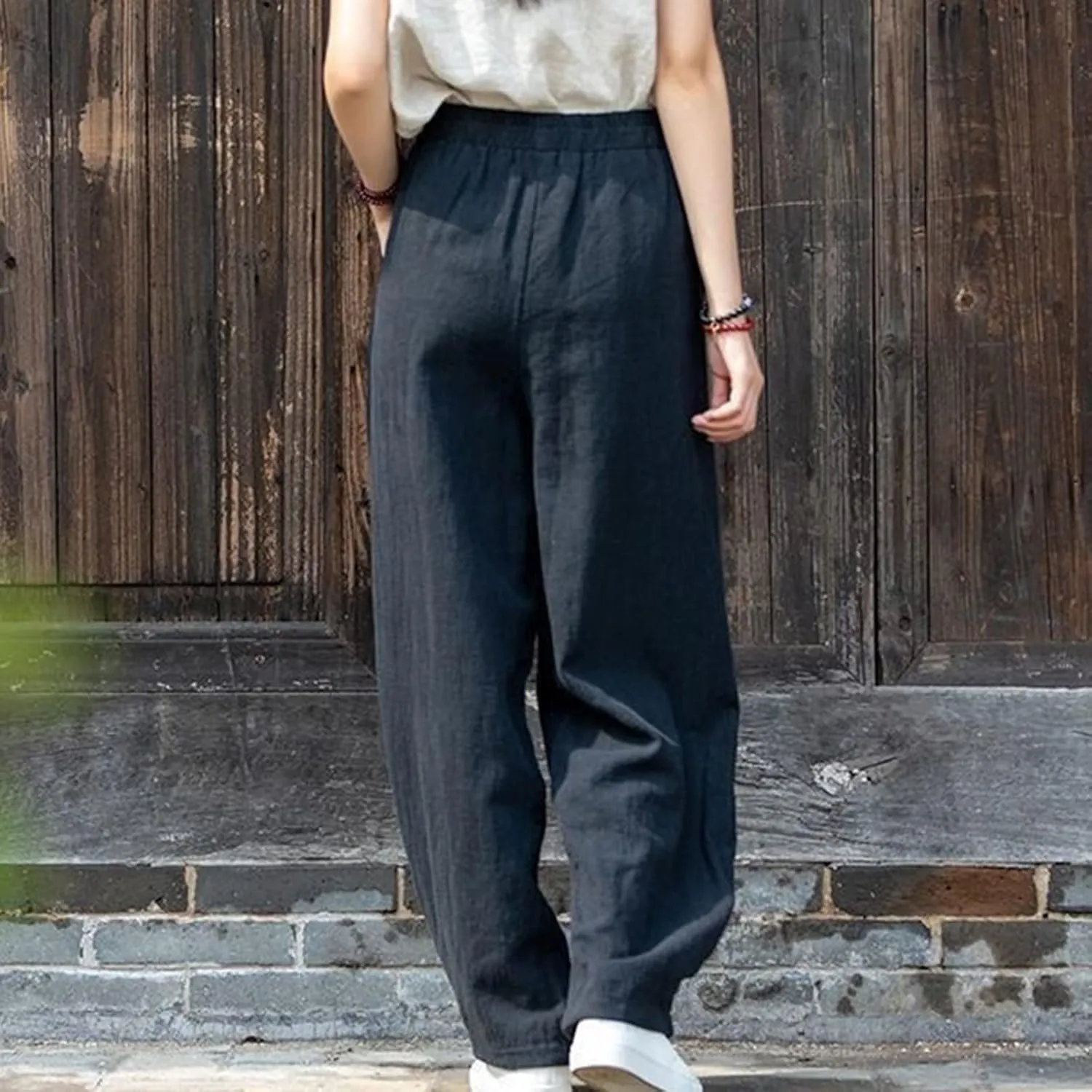 BZGTZT Women Cotton Linen Pants Summer Wide Leg Trousers Elastic High Waist Loose Fit Light Weight Lounge Pants with Pocket