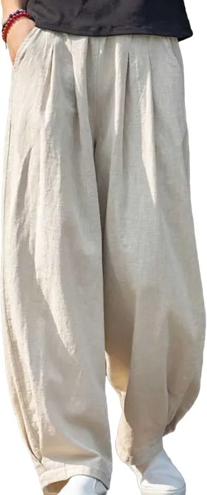 BZGTZT Women Cotton Linen Pants Summer Wide Leg Trousers Elastic High Waist Loose Fit Light Weight Lounge Pants with Pocket