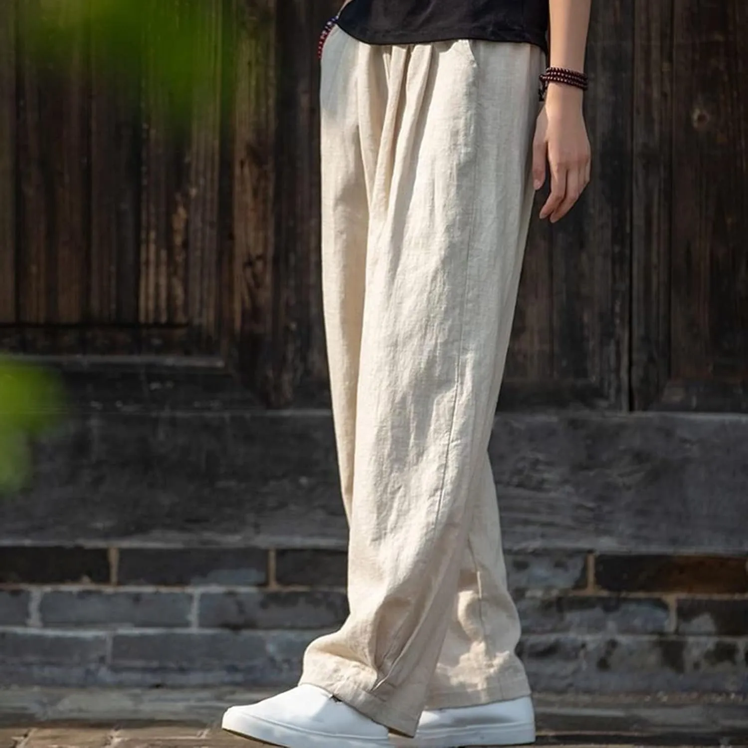 BZGTZT Women Cotton Linen Pants Summer Wide Leg Trousers Elastic High Waist Loose Fit Light Weight Lounge Pants with Pocket