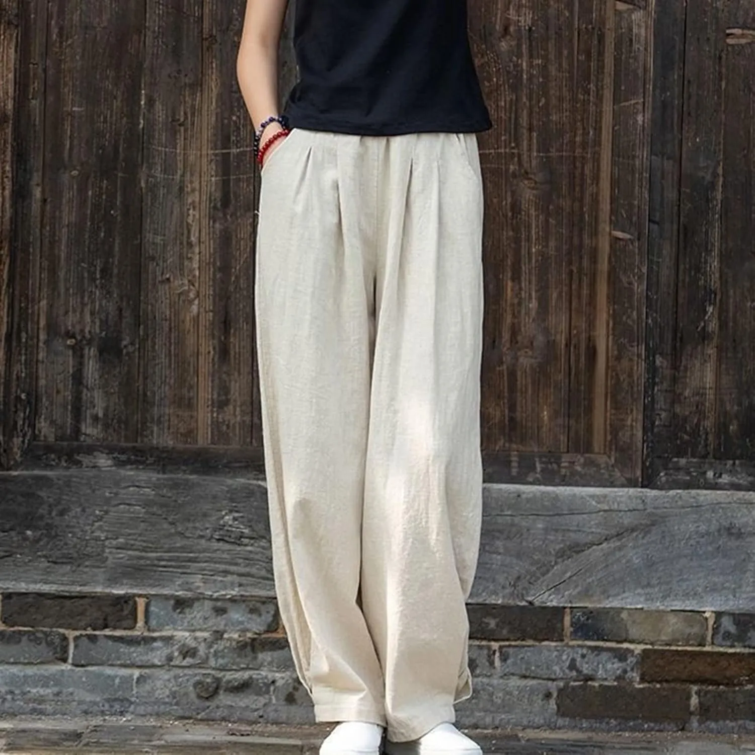 BZGTZT Women Cotton Linen Pants Summer Wide Leg Trousers Elastic High Waist Loose Fit Light Weight Lounge Pants with Pocket