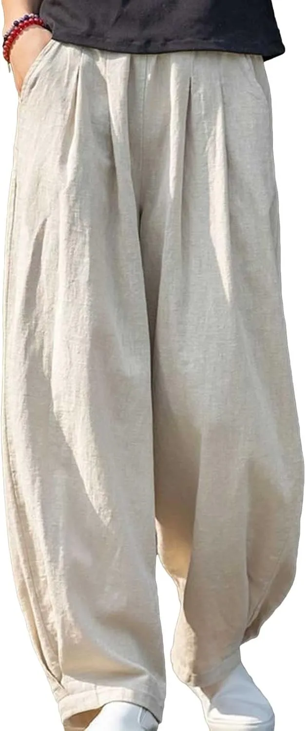 BZGTZT Women Cotton Linen Pants Summer Wide Leg Trousers Elastic High Waist Loose Fit Light Weight Lounge Pants with Pocket