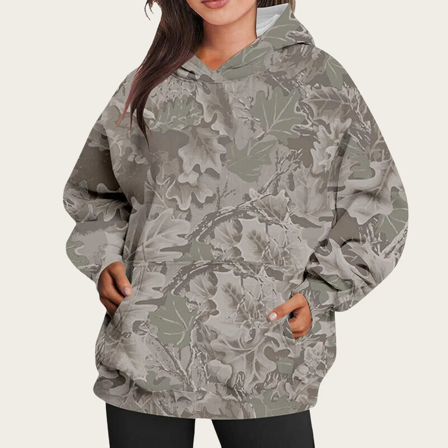 Camo Hoodie for Women Fleece Oversized Maple-Leaf Long Sleeve Sweatshirt Fall Pullover Hoodies with Kangaroo Pocket