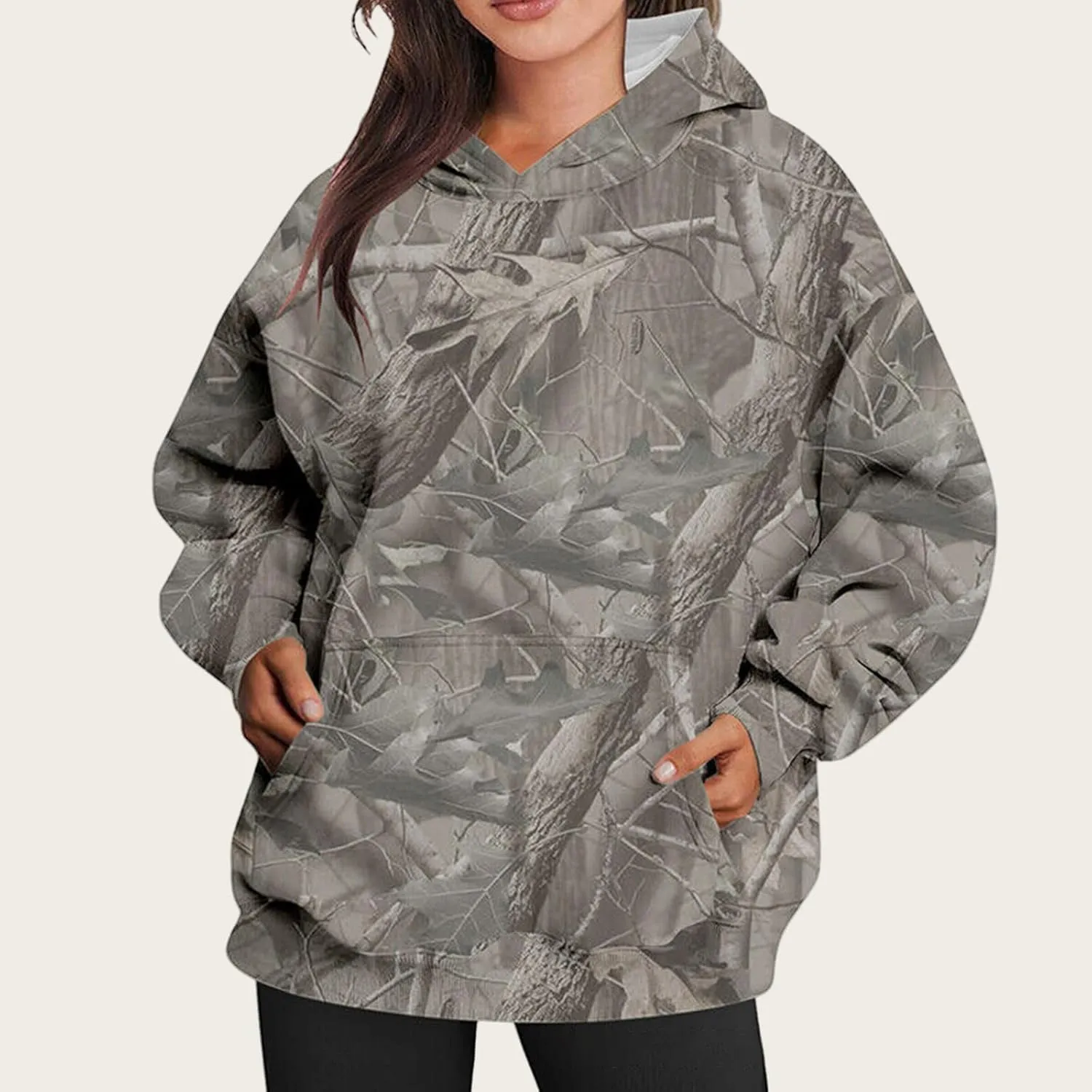 Camo Hoodie for Women Fleece Oversized Maple-Leaf Long Sleeve Sweatshirt Fall Pullover Hoodies with Kangaroo Pocket