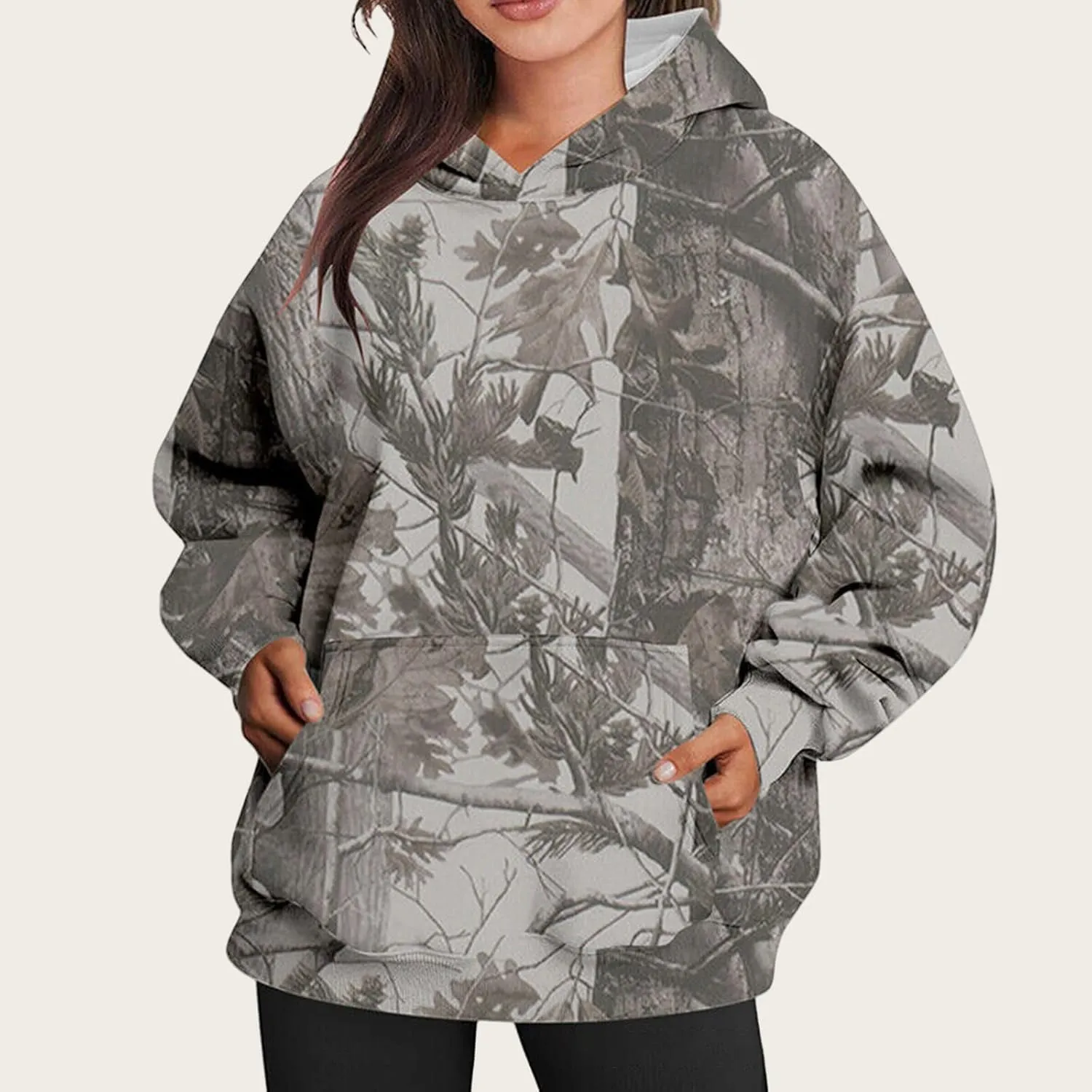 Camo Hoodie for Women Fleece Oversized Maple-Leaf Long Sleeve Sweatshirt Fall Pullover Hoodies with Kangaroo Pocket