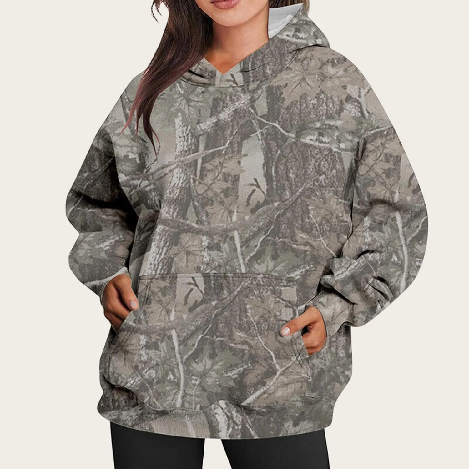 Camo Hoodie for Women Fleece Oversized Maple-Leaf Long Sleeve Sweatshirt Fall Pullover Hoodies with Kangaroo Pocket