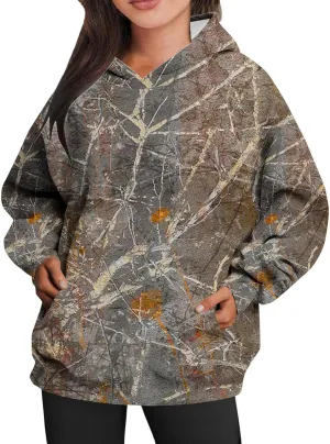 Camo Hoodie for Women Fleece Oversized Maple-Leaf Long Sleeve Sweatshirt Fall Pullover Hoodies with Kangaroo Pocket