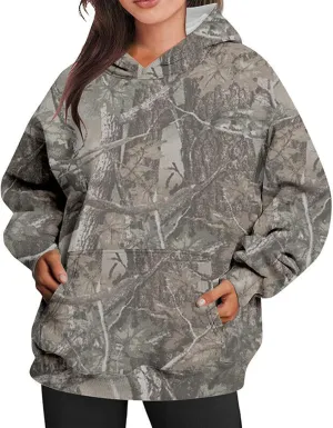 Camo Hoodie for Women Fleece Oversized Maple-Leaf Long Sleeve Sweatshirt Fall Pullover Hoodies with Kangaroo Pocket