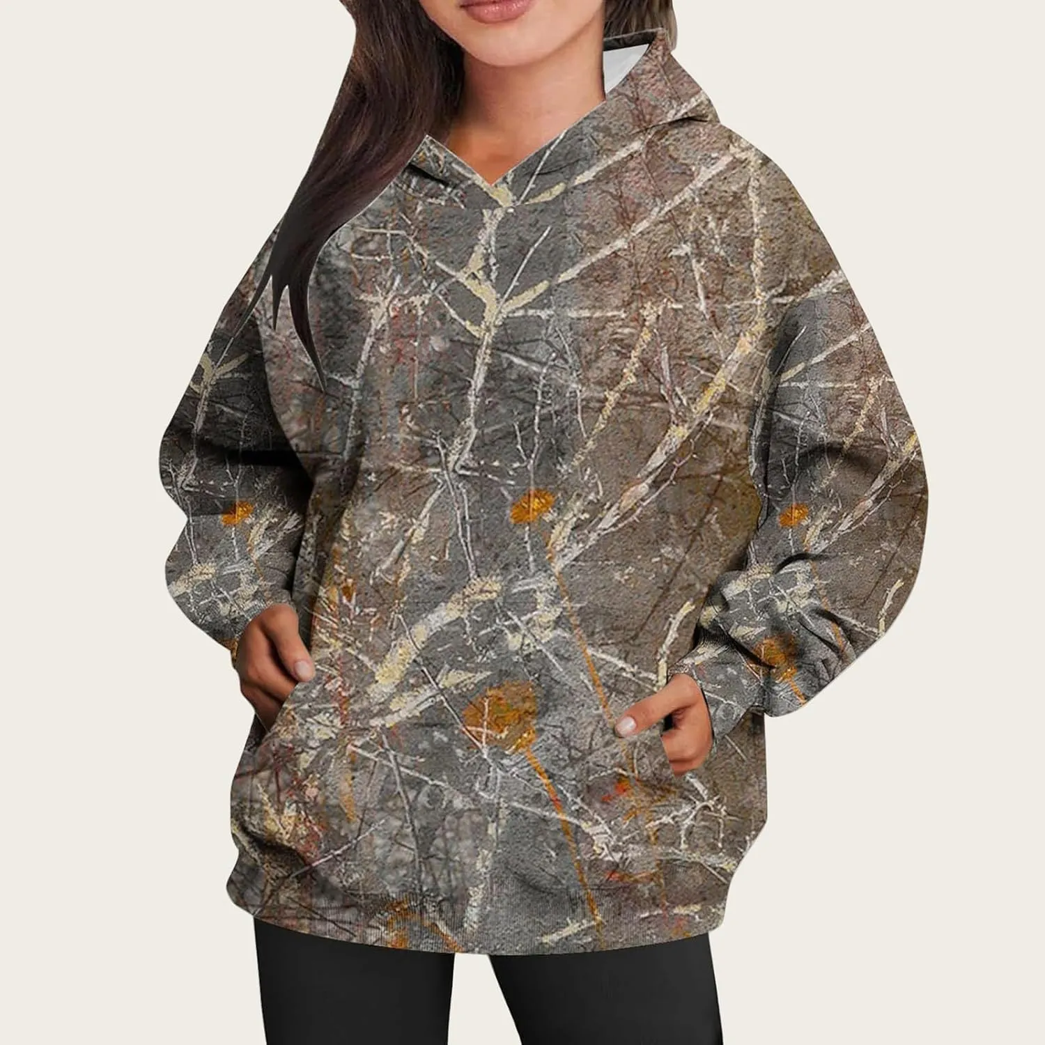 Camo Hoodie for Women Fleece Oversized Maple-Leaf Long Sleeve Sweatshirt Fall Pullover Hoodies with Kangaroo Pocket
