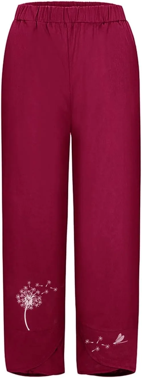 Capri Pants for Women Boho Summer Elastic Waist Casual Pants Butterfly Lightweight Straight Leg Trousers