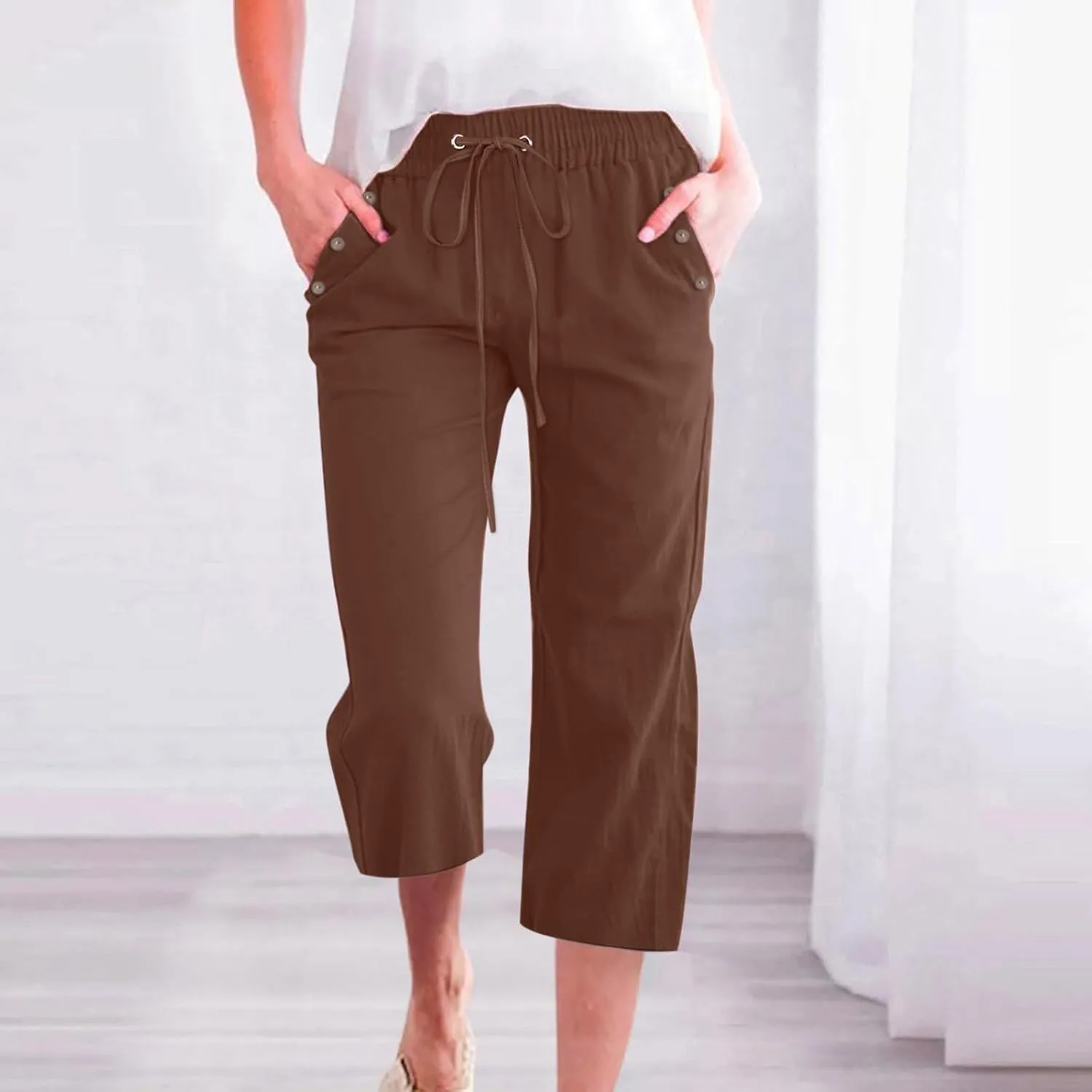 Capri Pants for Women Casual 2025 Summer Drawstring Elastic High Waist Linen Pant