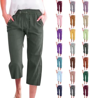 Capri Pants for Women Casual 2025 Summer Drawstring Elastic High Waist Linen Pant