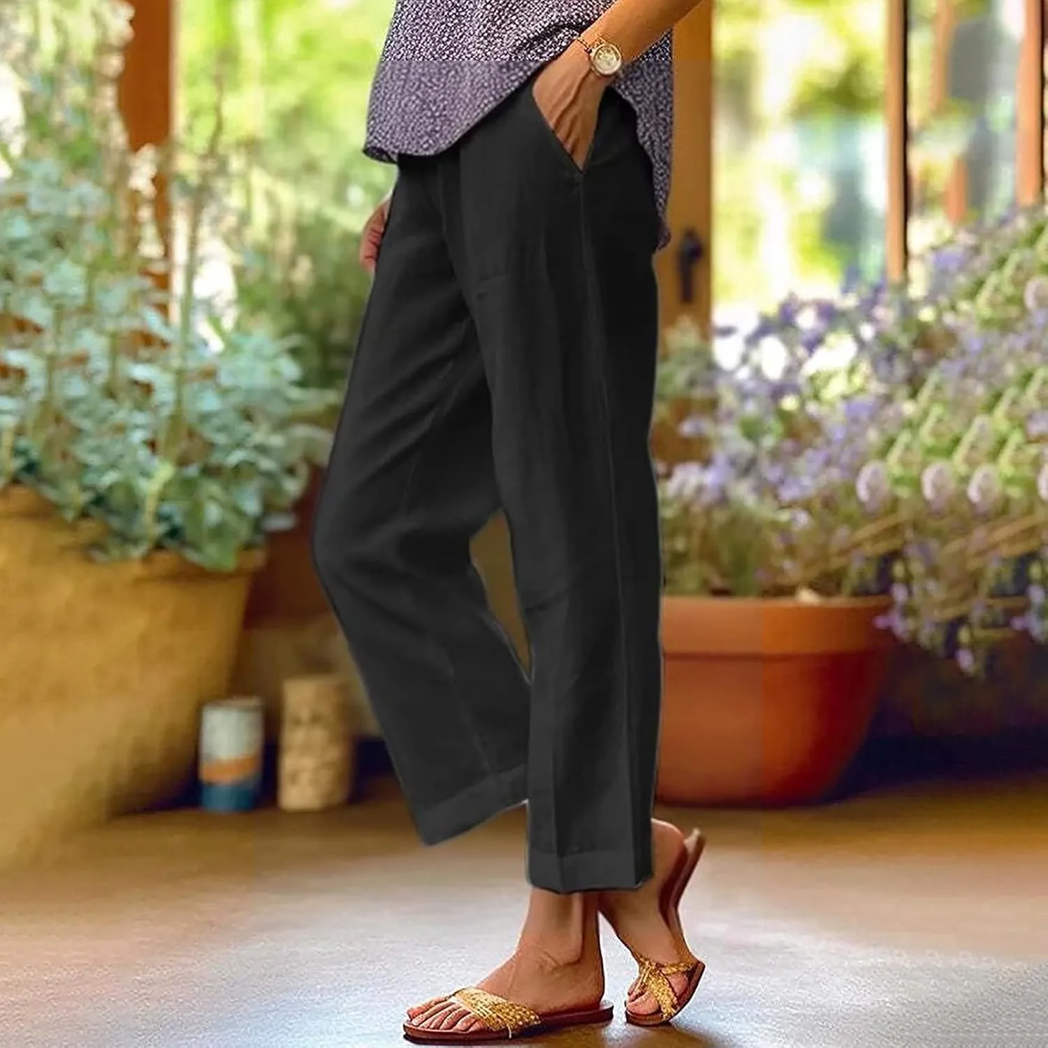 Capri Pants for Women Casual Summer Drawstring Elastic High Waist Linen Pant Straight Wide Leg Cropped Trouser