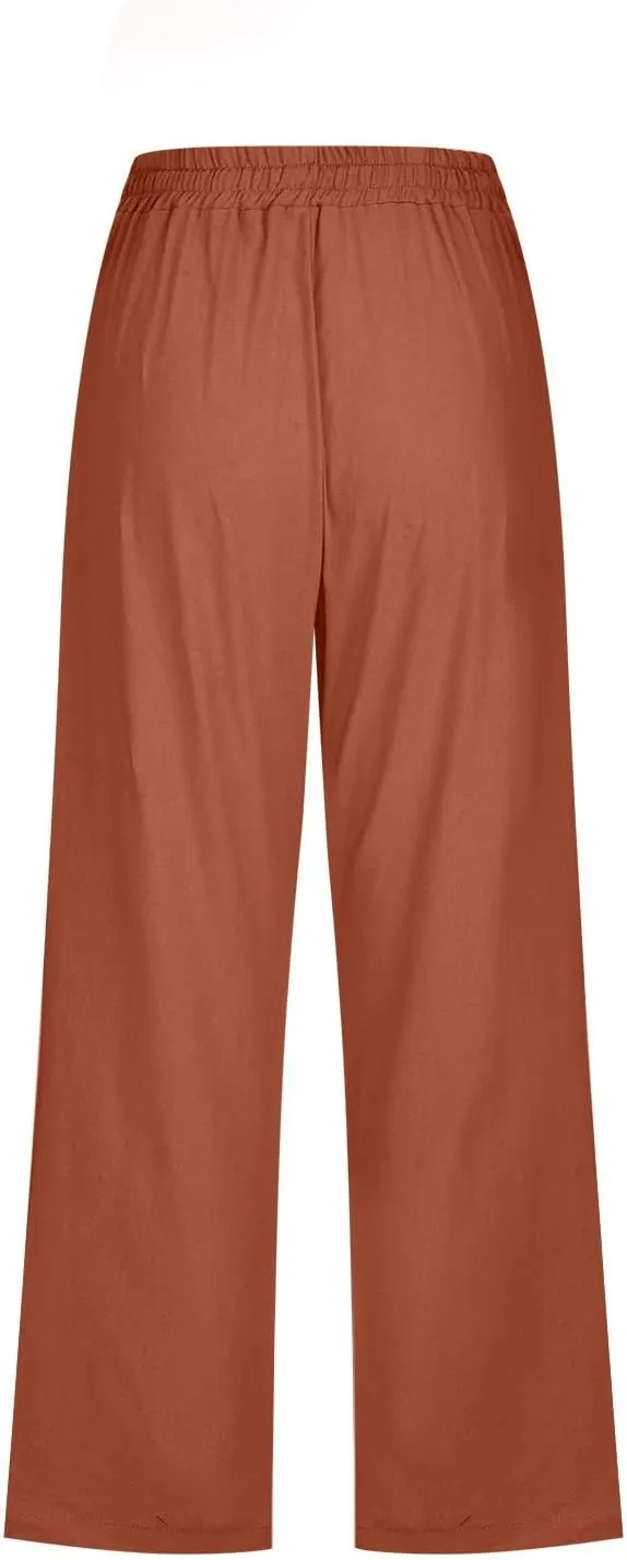 Capri Pants for Women,Elastic High Waist Linen Pant,Elastic Waist Capris with Pockets,Straight Wide Leg Cropped Trouser
