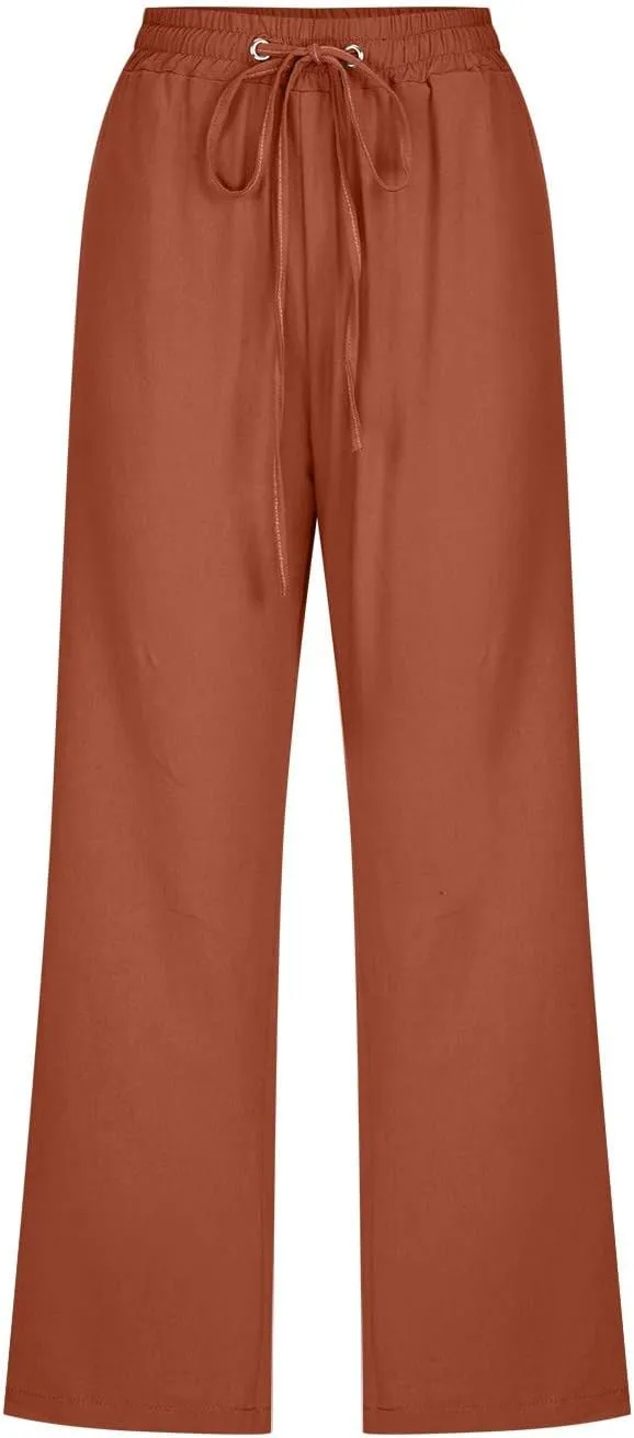Capri Pants for Women,Elastic High Waist Linen Pant,Elastic Waist Capris with Pockets,Straight Wide Leg Cropped Trouser