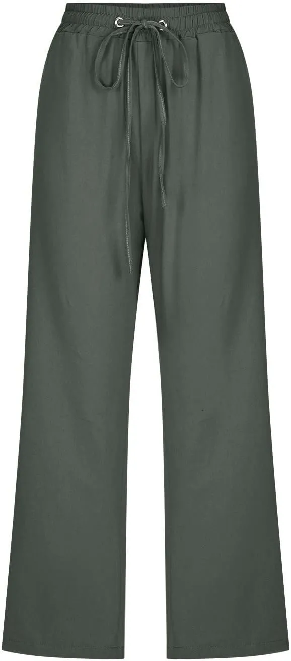 Capri Pants for Women,Elastic High Waist Linen Pant,Elastic Waist Capris with Pockets,Straight Wide Leg Cropped Trouser