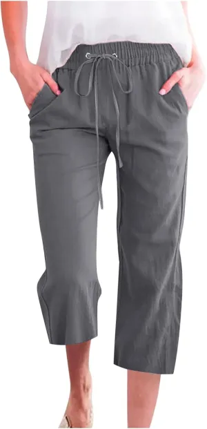 Capri Pants for Women,Elastic High Waist Linen Pant,Elastic Waist Capris with Pockets,Straight Wide Leg Cropped Trouser