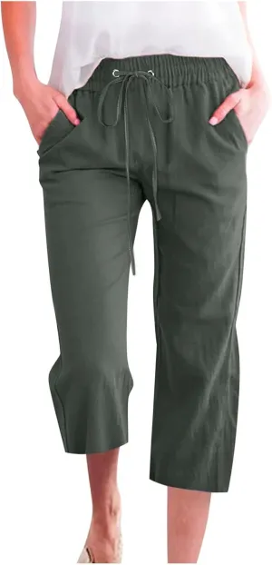 Capri Pants for Women,Elastic High Waist Linen Pant,Elastic Waist Capris with Pockets,Straight Wide Leg Cropped Trouser