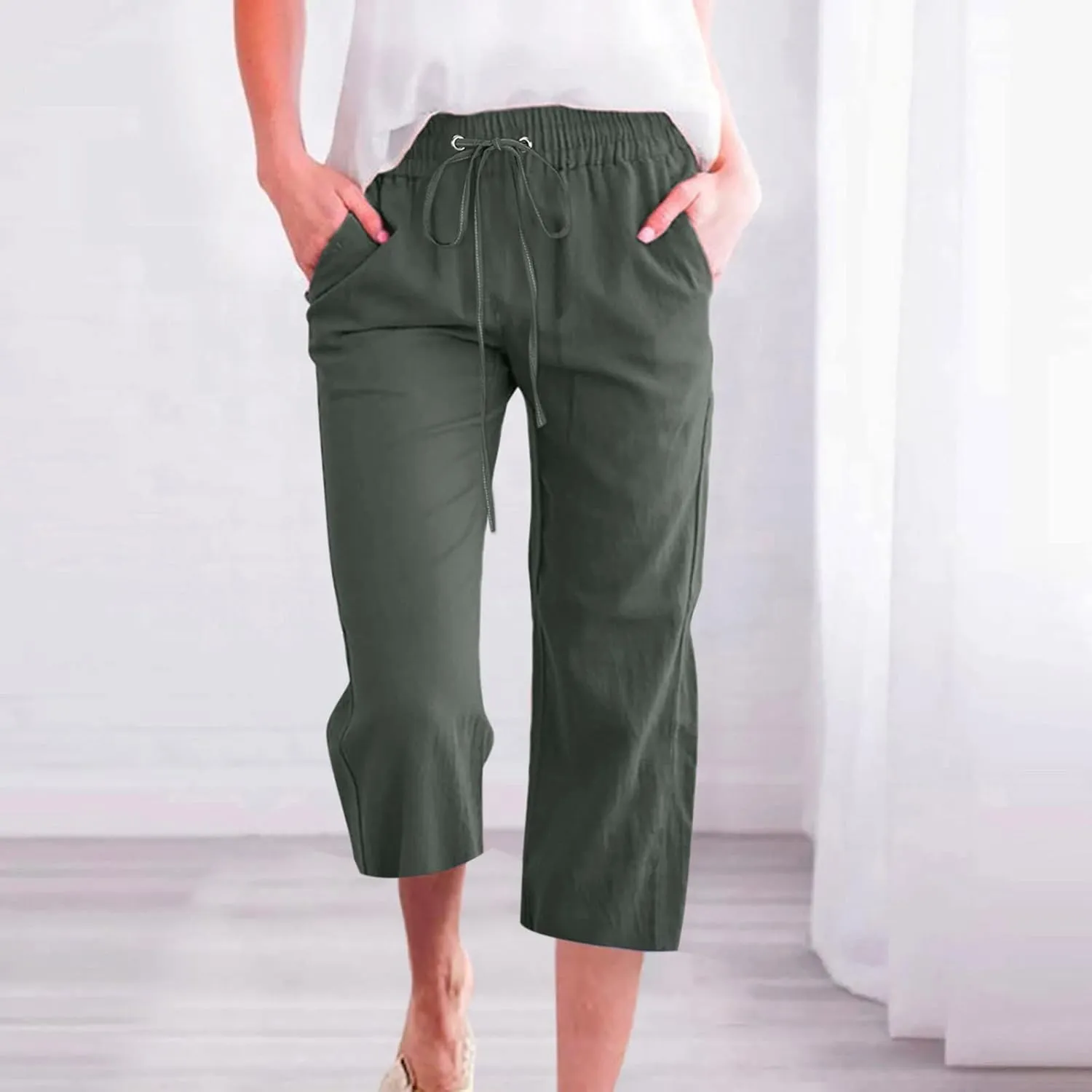 Capri Pants for Women,Elastic High Waist Linen Pant,Elastic Waist Capris with Pockets,Straight Wide Leg Cropped Trouser