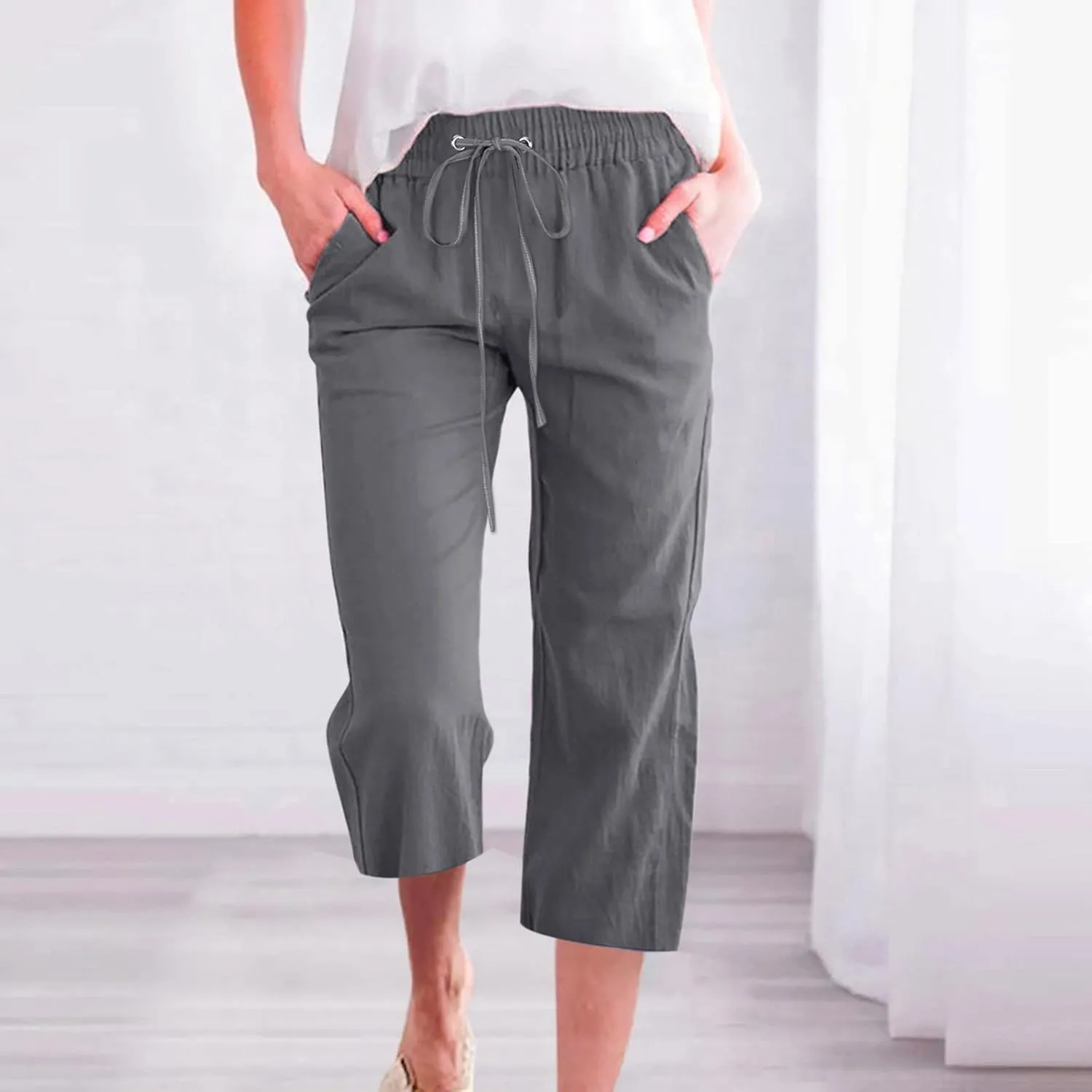 Capri Pants for Women,Elastic High Waist Linen Pant,Elastic Waist Capris with Pockets,Straight Wide Leg Cropped Trouser