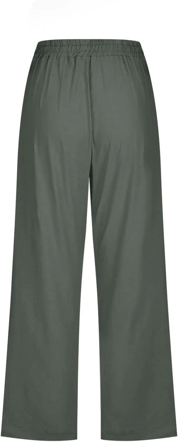 Capri Pants for Women,Elastic High Waist Linen Pant,Elastic Waist Capris with Pockets,Straight Wide Leg Cropped Trouser