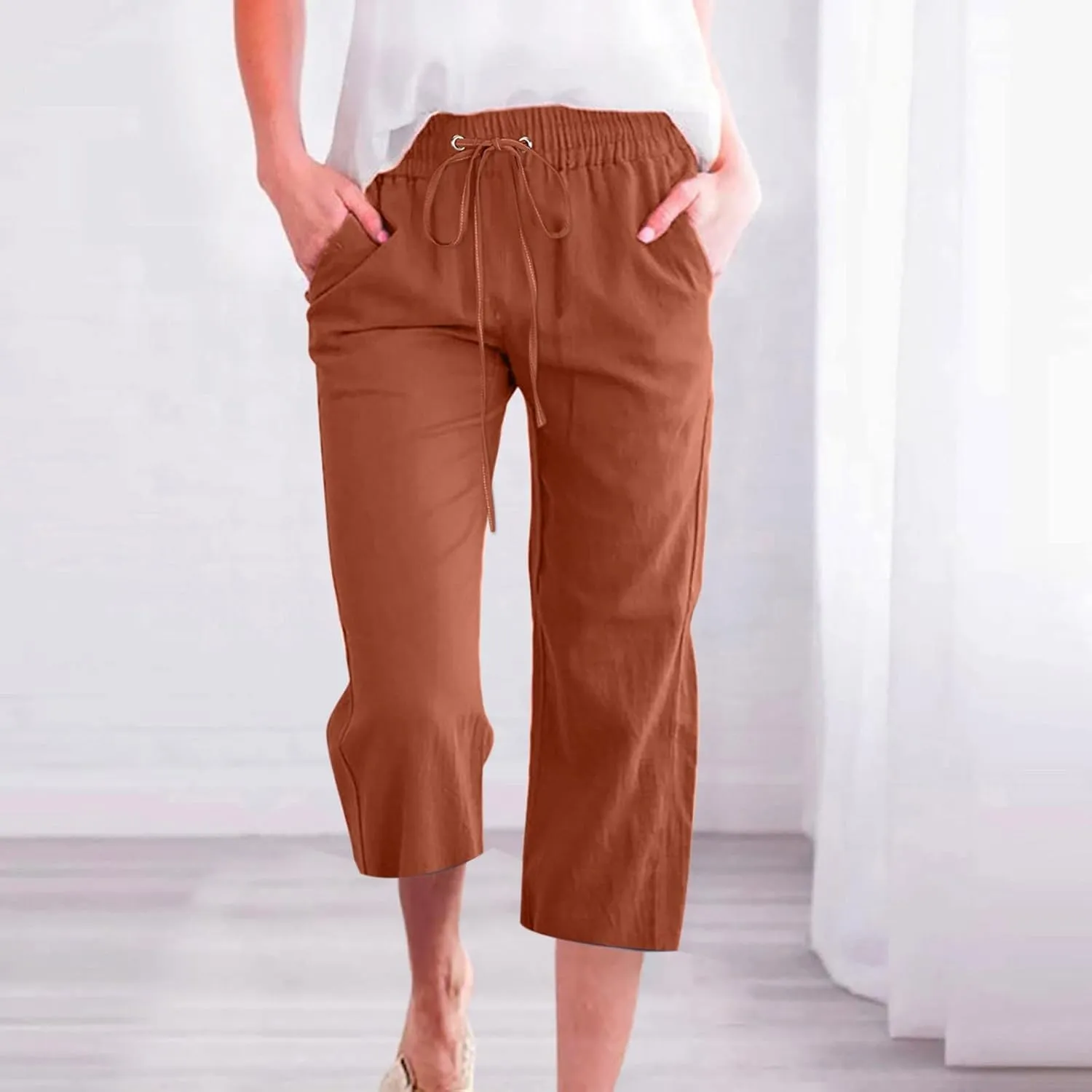 Capri Pants for Women,Elastic High Waist Linen Pant,Elastic Waist Capris with Pockets,Straight Wide Leg Cropped Trouser