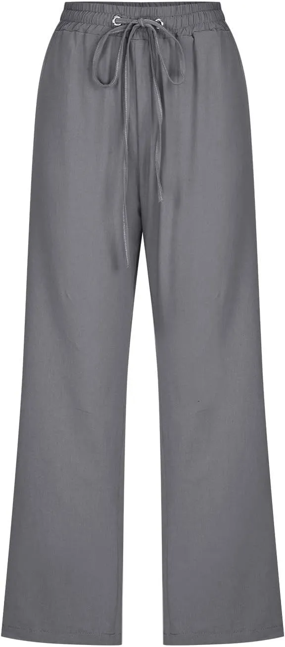 Capri Pants for Women,Elastic High Waist Linen Pant,Elastic Waist Capris with Pockets,Straight Wide Leg Cropped Trouser