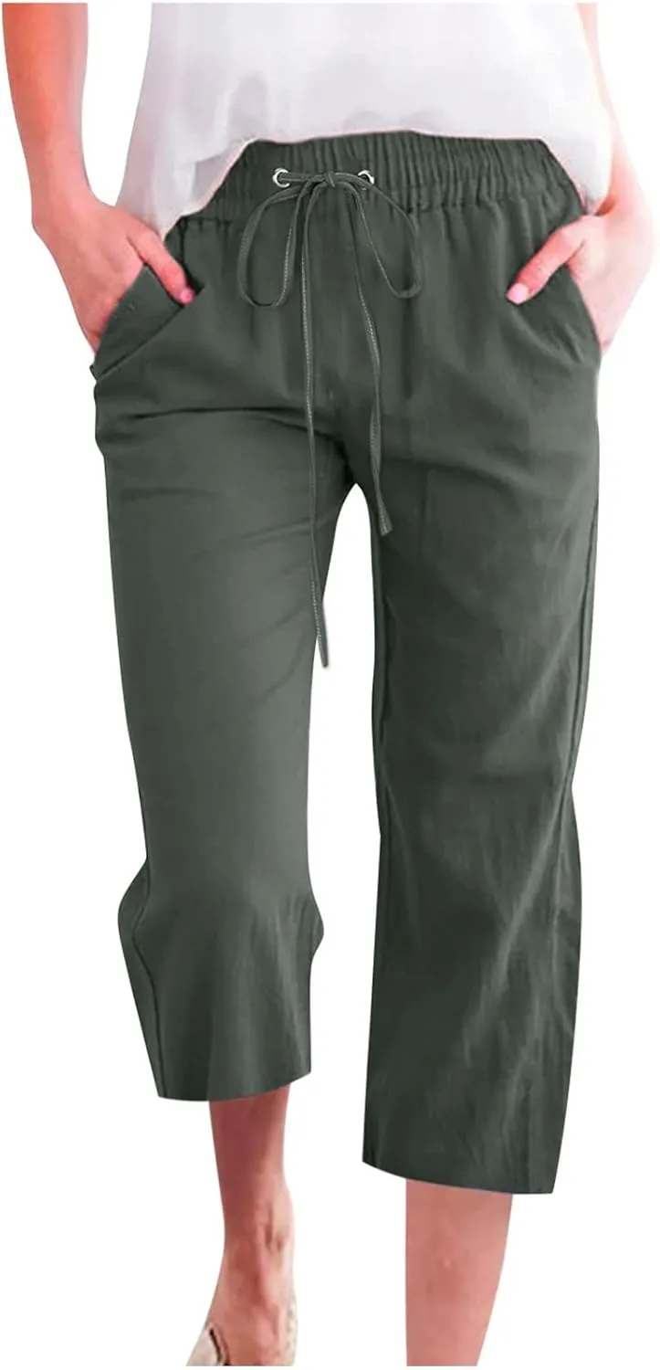 Capri Pants for Women,Elastic High Waist Linen Pant,Elastic Waist Capris with Pockets,Straight Wide Leg Cropped Trouser