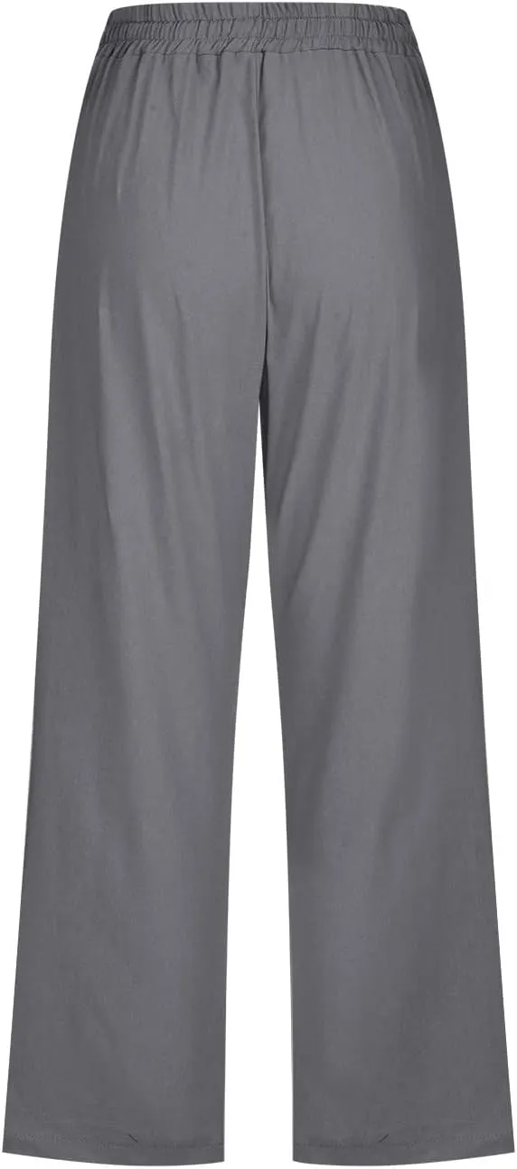 Capri Pants for Women,Elastic High Waist Linen Pant,Elastic Waist Capris with Pockets,Straight Wide Leg Cropped Trouser