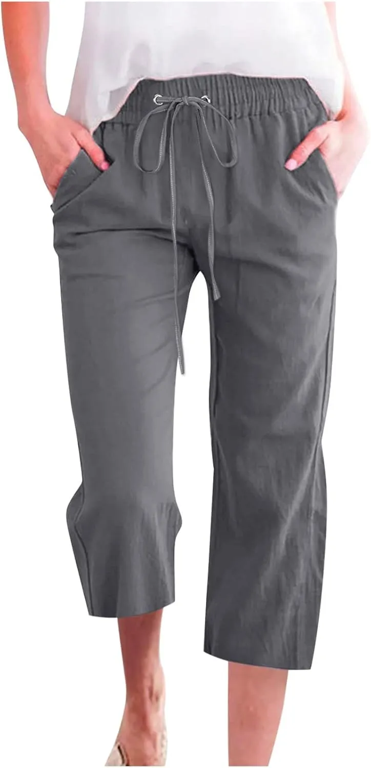 Capri Pants for Women,Elastic High Waist Linen Pant,Elastic Waist Capris with Pockets,Straight Wide Leg Cropped Trouser