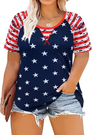 CARCOS Plus Size Tops for Women Short Sleeve Raglan Striped Tee Color Block Crewneck/V Neck Tunic Loose Fit Summer XL-5XL