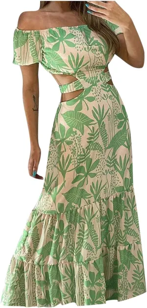 Casual Dresses for Women Off The Shoulder Boho Dress Summer Maxi Sundress Beach Hollow Out Tiered Sexy Flowy Dress