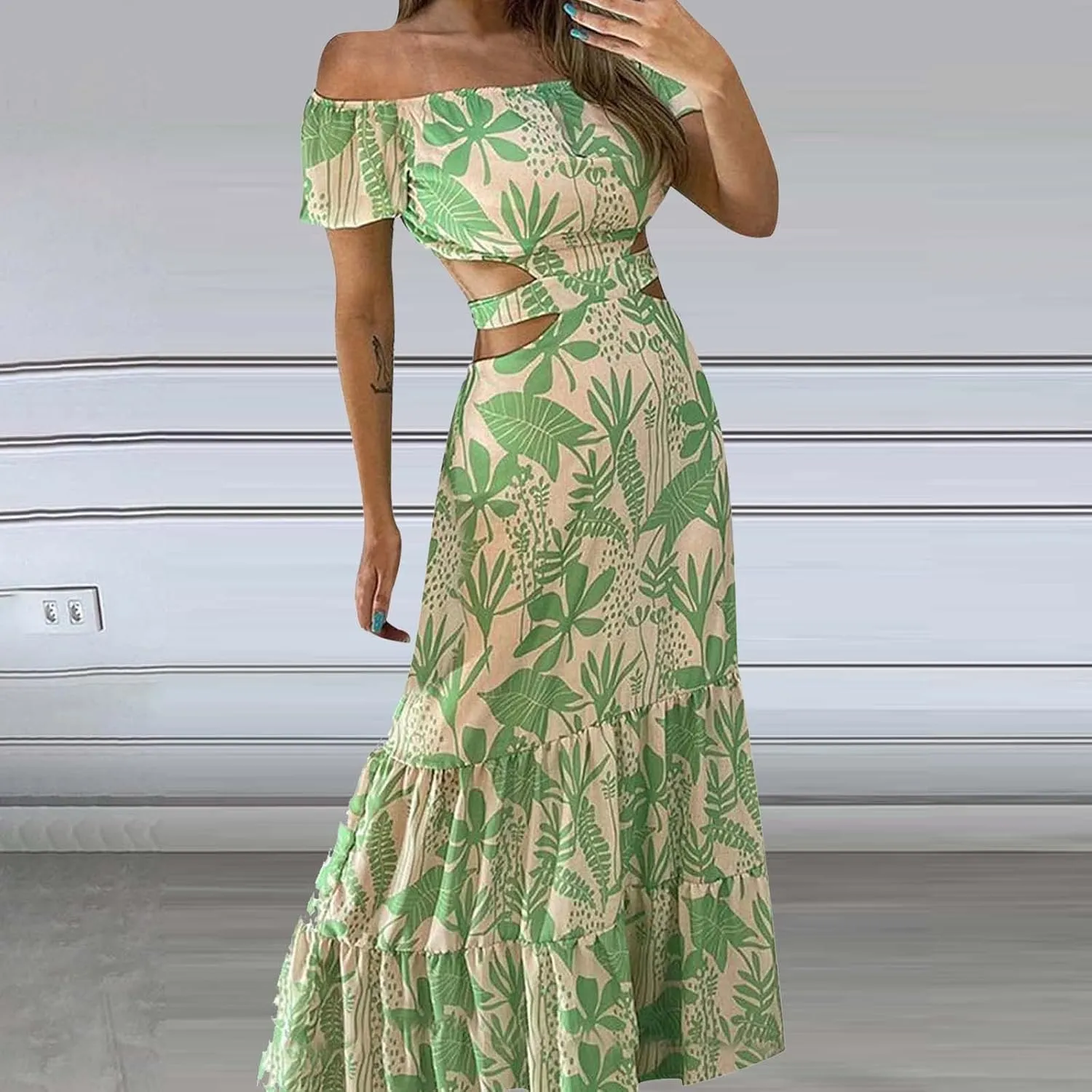 Casual Dresses for Women Off The Shoulder Boho Dress Summer Maxi Sundress Beach Hollow Out Tiered Sexy Flowy Dress